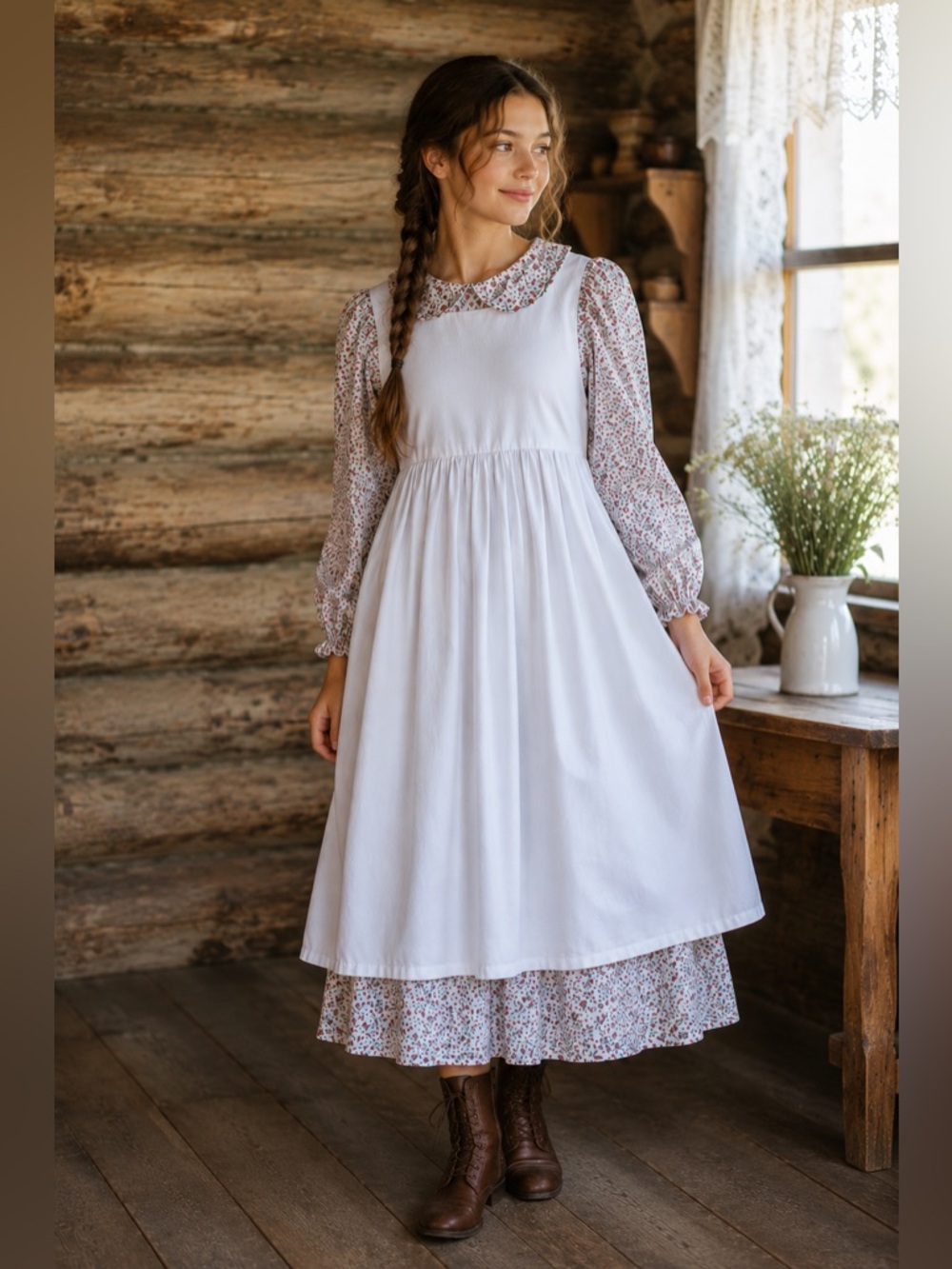 Handmade Prairie Dress Bonnet Pinafore  Cottagecore Pioneer Western XS/S Cotton